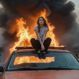 A brave girl nonchalantly perched on the roof of a car engulfed in dramatic, harmless flames with a defiant look on her face.