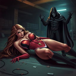 A sexy superheroine with long flowing hair and a tight, vibrant costume lies unconscious on the ground after being chloroformed by a short masked villain