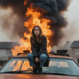 A brave girl nonchalantly perched on the roof of a car engulfed in dramatic, harmless flames with a defiant look on her face.