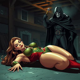 A sexy superheroine with long flowing hair and a tight, vibrant costume lies unconscious on the ground after being chloroformed by a short masked villain