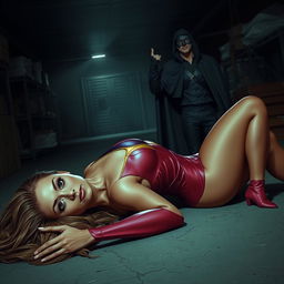 A sexy superheroine with long flowing hair and a tight, vibrant costume lies unconscious on the ground after being chloroformed by a short masked villain