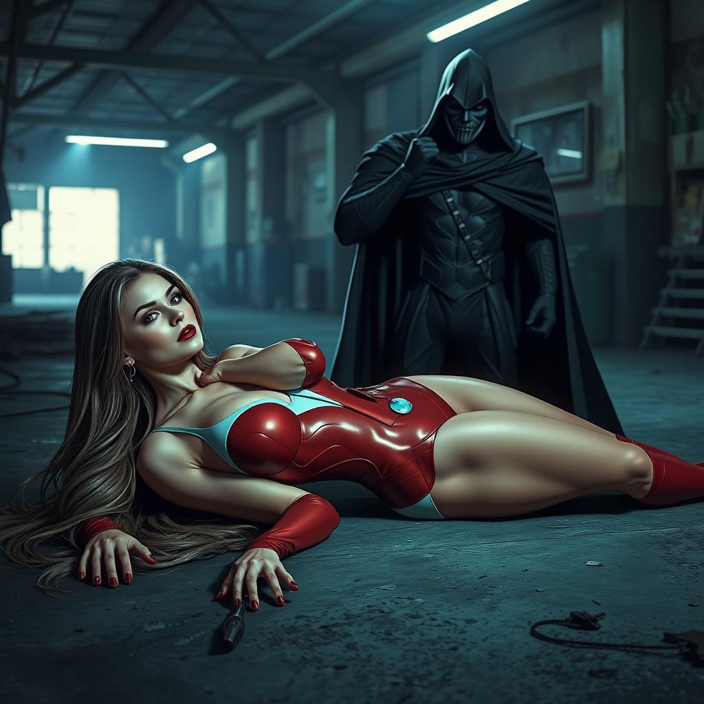 A sexy superheroine with long flowing hair and a tight, vibrant costume lies unconscious on the ground after being chloroformed by a short masked villain