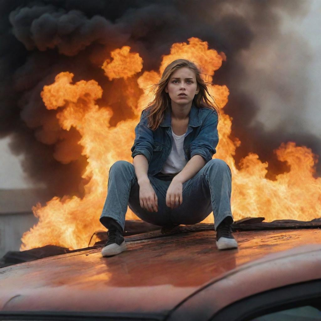 A brave girl nonchalantly perched on the roof of a car engulfed in dramatic, harmless flames with a defiant look on her face.