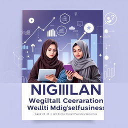 A book cover design featuring digitally savvy millennials aged 20-35, who are Muslim and actively pursuing wealth creation through digital business