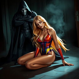 A sexy blonde superheroine with a sleek, vibrant costume kneels on the floor, having been put to sleep by a masked villain's chloroform