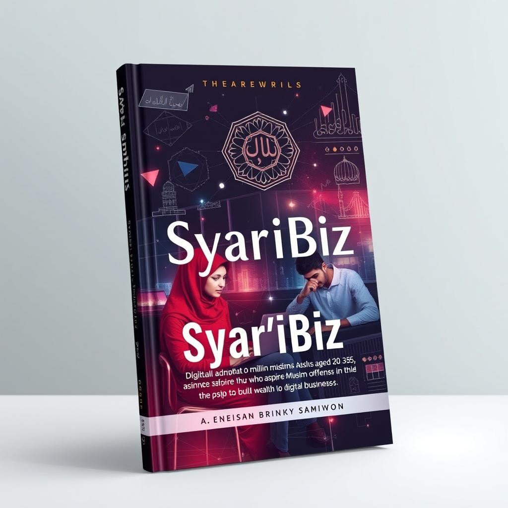 A captivating book cover for 'Syar'iBiz' that illustrates digitally adept millennial Muslims aged 20-35 who aspire to build wealth through digital business