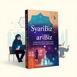 A captivating book cover for 'Syar'iBiz' that illustrates digitally adept millennial Muslims aged 20-35 who aspire to build wealth through digital business