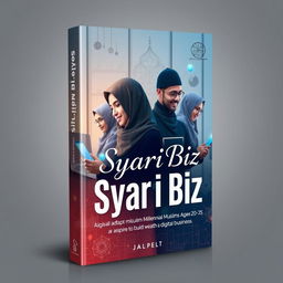 A captivating book cover for 'Syar'iBiz' that illustrates digitally adept millennial Muslims aged 20-35 who aspire to build wealth through digital business