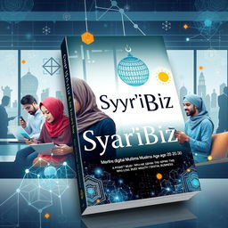 A captivating book cover for 'Syar'iBiz' that illustrates digitally adept millennial Muslims aged 20-35 who aspire to build wealth through digital business