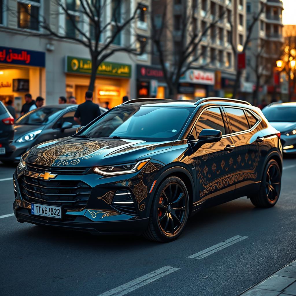 A modern Chevrolet Chevy infused with Persian design elements, exhibiting a striking black and gold color scheme