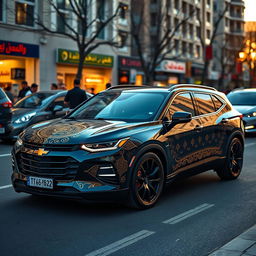 A modern Chevrolet Chevy infused with Persian design elements, exhibiting a striking black and gold color scheme