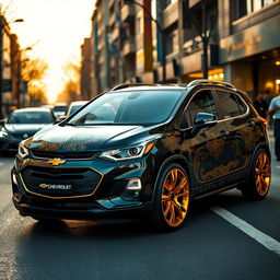 A modern Chevrolet Chevy infused with Persian design elements, exhibiting a striking black and gold color scheme