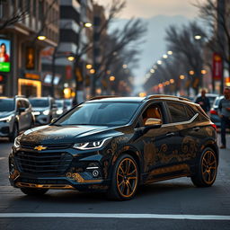 A modern Chevrolet Chevy infused with Persian design elements, exhibiting a striking black and gold color scheme