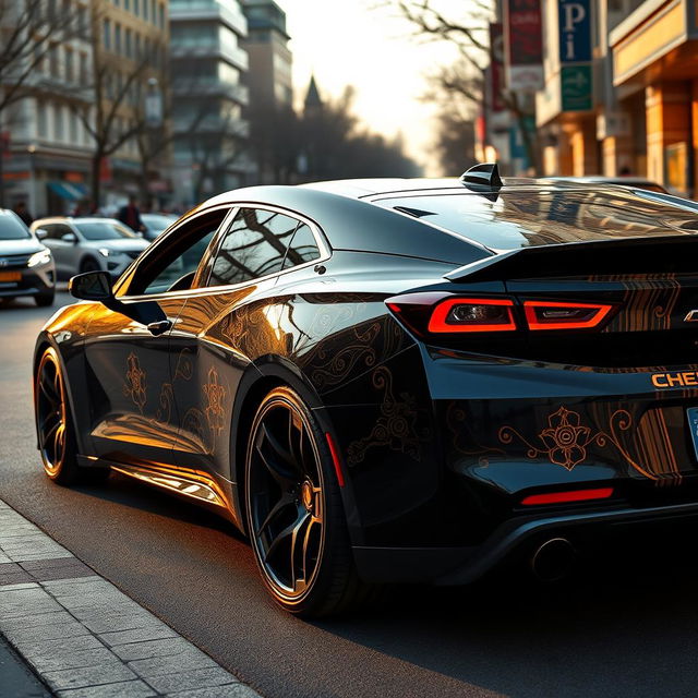 A modern Chevrolet Chevy infused with Persian design elements, exhibiting a striking black and gold color scheme