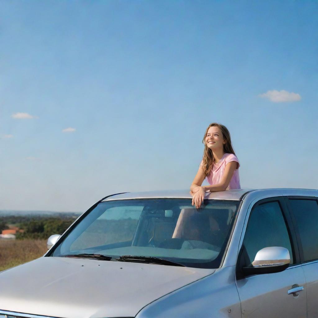 A young girl casually seated on the roof of a sparkling, modern vehicle under a clear sky