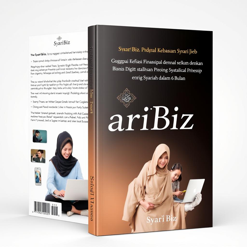 An engaging book cover for 'Syar'iBiz: Menggapai Kebebasan Finansial dengan Bisnis Digital Sesuai Prinsip Syariah dalam 6 Bulan' that visually encapsulates the balance between achieving financial freedom, digital entrepreneurship, and maintaining one's main job alongside family time