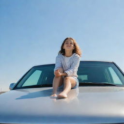 A young girl casually seated on the roof of a sparkling, modern vehicle under a clear sky