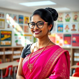 An Indian female class teacher with a confident and sophisticated demeanor, wearing a stylish and elegant hot pink saree with intricate gold embroidery