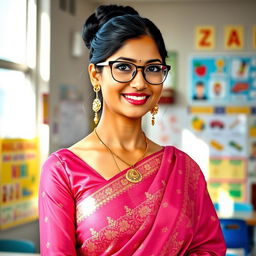 An Indian female class teacher with a confident and sophisticated demeanor, wearing a stylish and elegant hot pink saree with intricate gold embroidery