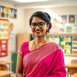 An Indian female class teacher with a confident and sophisticated demeanor, wearing a stylish and elegant hot pink saree with intricate gold embroidery