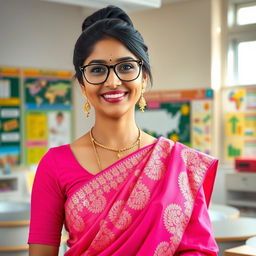 An Indian female class teacher with a confident and sophisticated demeanor, wearing a stylish and elegant hot pink saree with intricate gold embroidery