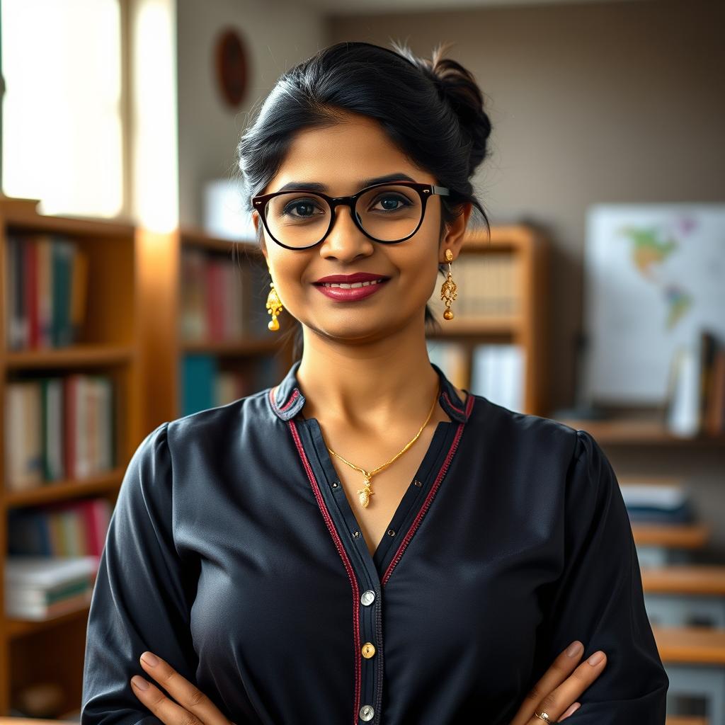 An elegant and confident Indian female class teacher, wearing a tasteful and stylish blouse that subtly highlights her sophisticated fashion sense