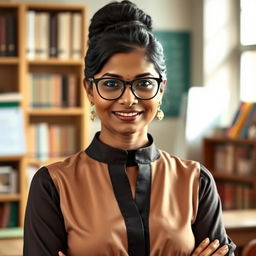 An elegant and confident Indian female class teacher, wearing a tasteful and stylish blouse that subtly highlights her sophisticated fashion sense