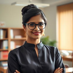 An elegant and confident Indian female class teacher, wearing a tasteful and stylish blouse that subtly highlights her sophisticated fashion sense