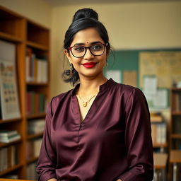 An elegant and confident Indian female class teacher, wearing a tasteful and stylish blouse that subtly highlights her sophisticated fashion sense