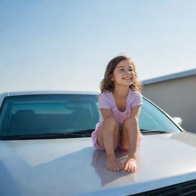 A young girl casually seated on the roof of a sparkling, modern vehicle under a clear sky