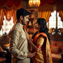 An intimate and romantic moment between an Indian woman, traditionally dressed in a beautiful saree, and her devar, who is dressed in a smart kurta