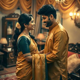 An intimate and romantic moment between an Indian woman, traditionally dressed in a beautiful saree, and her devar, who is dressed in a smart kurta