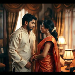 An intimate and romantic moment between an Indian woman, traditionally dressed in a beautiful saree, and her devar, who is dressed in a smart kurta