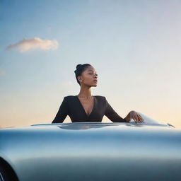 A woman elegantly seated on the polished hood of a sleek, stylish car under a radiant sky