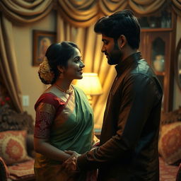 An intimate and romantic moment between an Indian woman, traditionally dressed in a beautiful saree, and her devar, who is dressed in a smart kurta