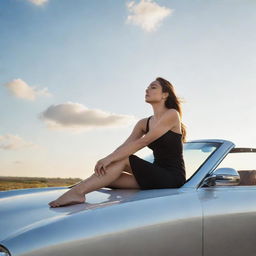 A woman elegantly seated on the polished hood of a sleek, stylish car under a radiant sky