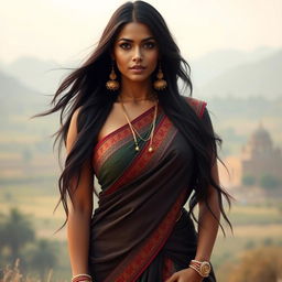 A voluptuous Indian woman with an alluring figure, wearing traditional attire that complements her appearance