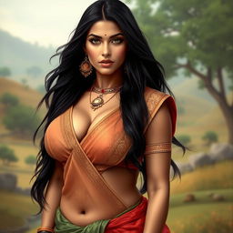 A voluptuous Indian woman with an alluring figure, wearing traditional attire that complements her appearance