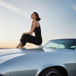 A woman elegantly seated on the polished hood of a sleek, stylish car under a radiant sky