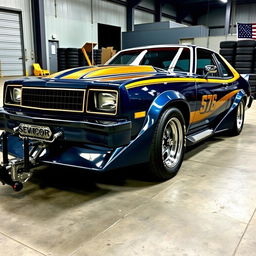 A 1978 Chevrolet Nova, transformed into a high-performance marvel, on display in an industrial setting