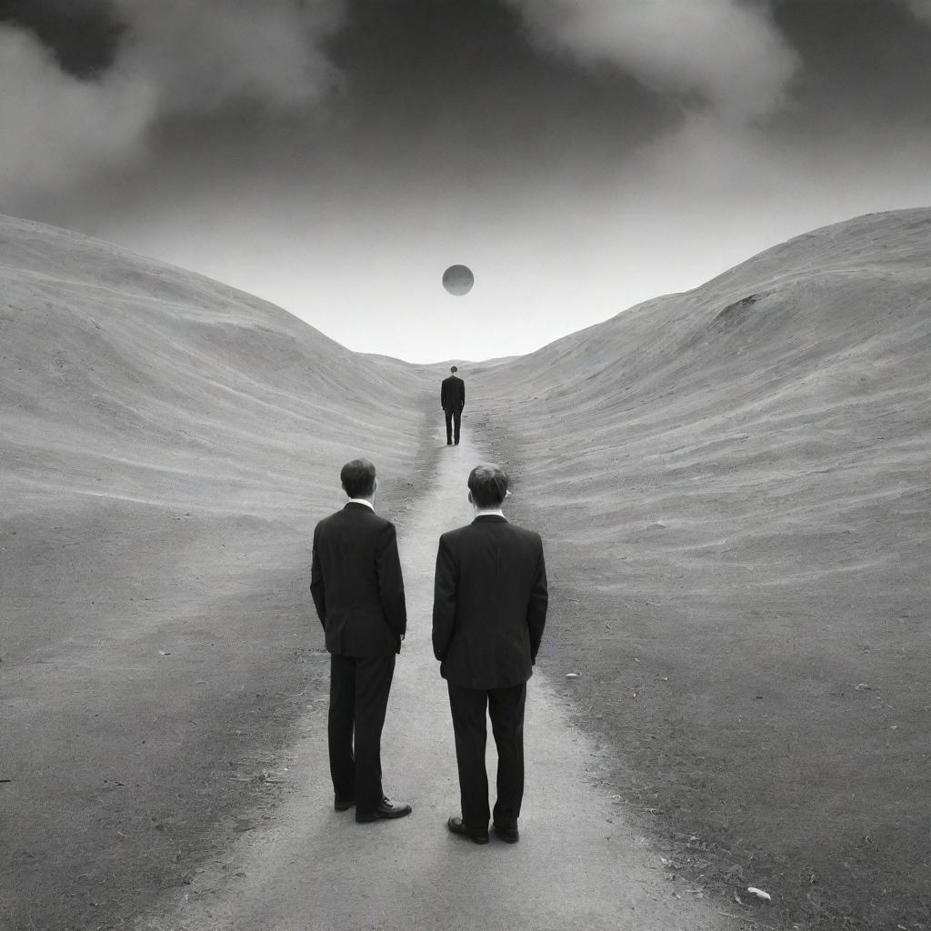 Two men disorientated and lost in an abstract, surreal landscape suggestive of time dilation or temporal displacement