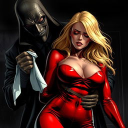 A sexy, sleepy, and scared blonde superheroine in a striking red costume is being grabbed and put to sleep by a masked villain using a small, white chloroform cloth