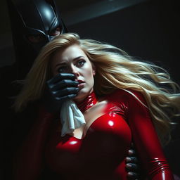 A sexy, sleepy, and scared blonde superheroine in a vibrant red costume is being grabbed and put to sleep by a masked villain with a small, white chloroform cloth