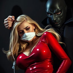 A sexy, sleepy, and scared blonde superheroine in a vibrant red costume is being grabbed and put to sleep by a masked villain with a small, white chloroform cloth