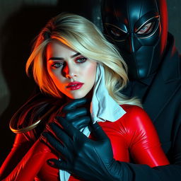 A sexy, sleepy, and scared blonde superheroine in a vibrant red costume is being grabbed and put to sleep by a masked villain with a small, white chloroform cloth