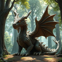 A majestic dragon covered in detailed wood texture with intricate wood grain patterns along its scales, resembling an ancient, enchanted tree