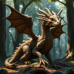 A majestic dragon covered in detailed wood texture with intricate wood grain patterns along its scales, resembling an ancient, enchanted tree