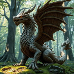 A majestic dragon covered in detailed wood texture with intricate wood grain patterns along its scales, resembling an ancient, enchanted tree