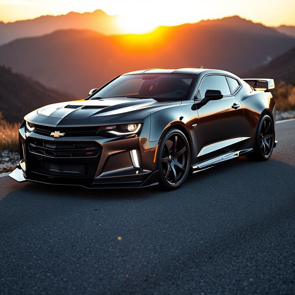 A beautifully tuned Chevrolet Chevy car, showcasing sleek modifications and enhancements, parked on a scenic mountainous road