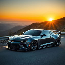 A beautifully tuned Chevrolet Chevy car, showcasing sleek modifications and enhancements, parked on a scenic mountainous road